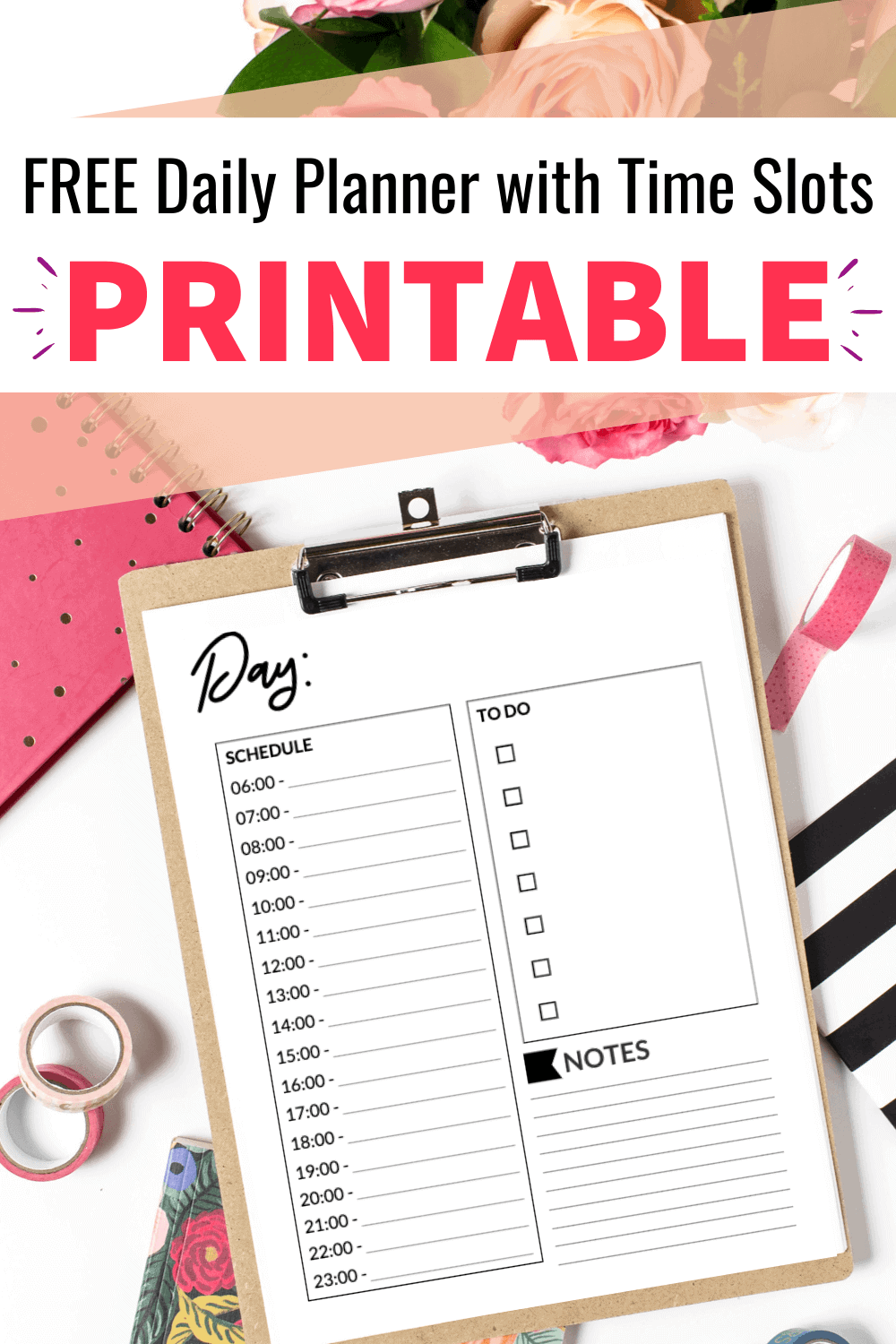 Stuck at home and ready to get organized and ace your time management? Then you need this simple and cute daily planner template. Daily planner printables + free templates = time management win! So grab your daily planner printables free PDF and get alll the things done. This is the best daily planner printables free hourly and will be a winner for your productivity. Grab your daily schedule printable free time management now! #planner #timemanagement #freeprintables #getorganized