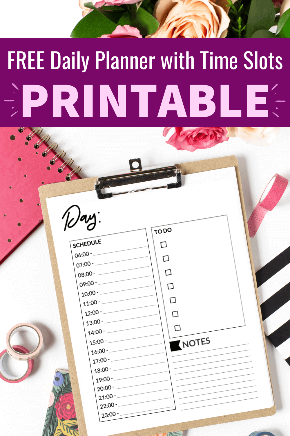 Stuck at home and ready to get organized and ace your time management? Then you need this simple and cute daily planner template. Daily planner printables + free templates = time management win! So grab your daily planner printables free PDF and get alll the things done. This is the best daily planner printables free hourly and will be a winner for your productivity. Grab your daily schedule printable free time management now! #planner #timemanagement #freeprintables #getorganized