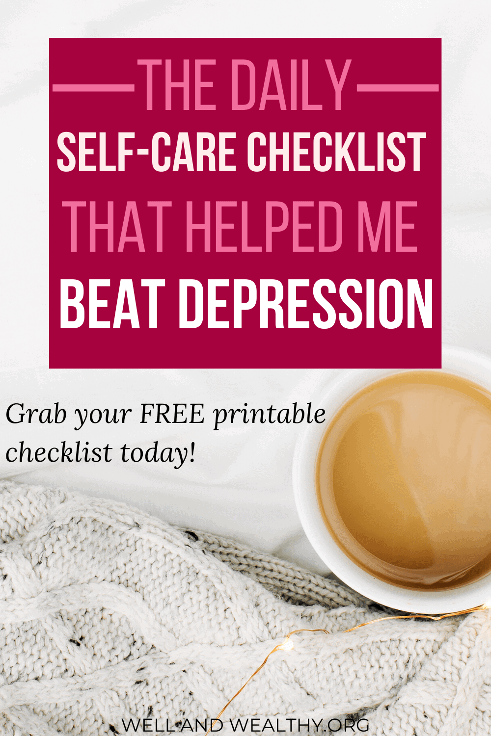 This is the simple daily self-care routine that helped me in my depression recovery and to boost my happiness. The tips are super simple and quick to do and have really had a positive impact on my life. Mental health is so important but this self care depression checklist can really help you beat depression and fight depression. Because self-care activities and ideas really can transform your mental health. Starting a daily self-care routine had a massive impact on improving my mood and helping to cure my depression. Check out the easy self-care routine I do each day that you can do to help your mental health! Plus, grab the free, printable daily self-care checklist! #selfcare #selfcareroutine #freeprintable